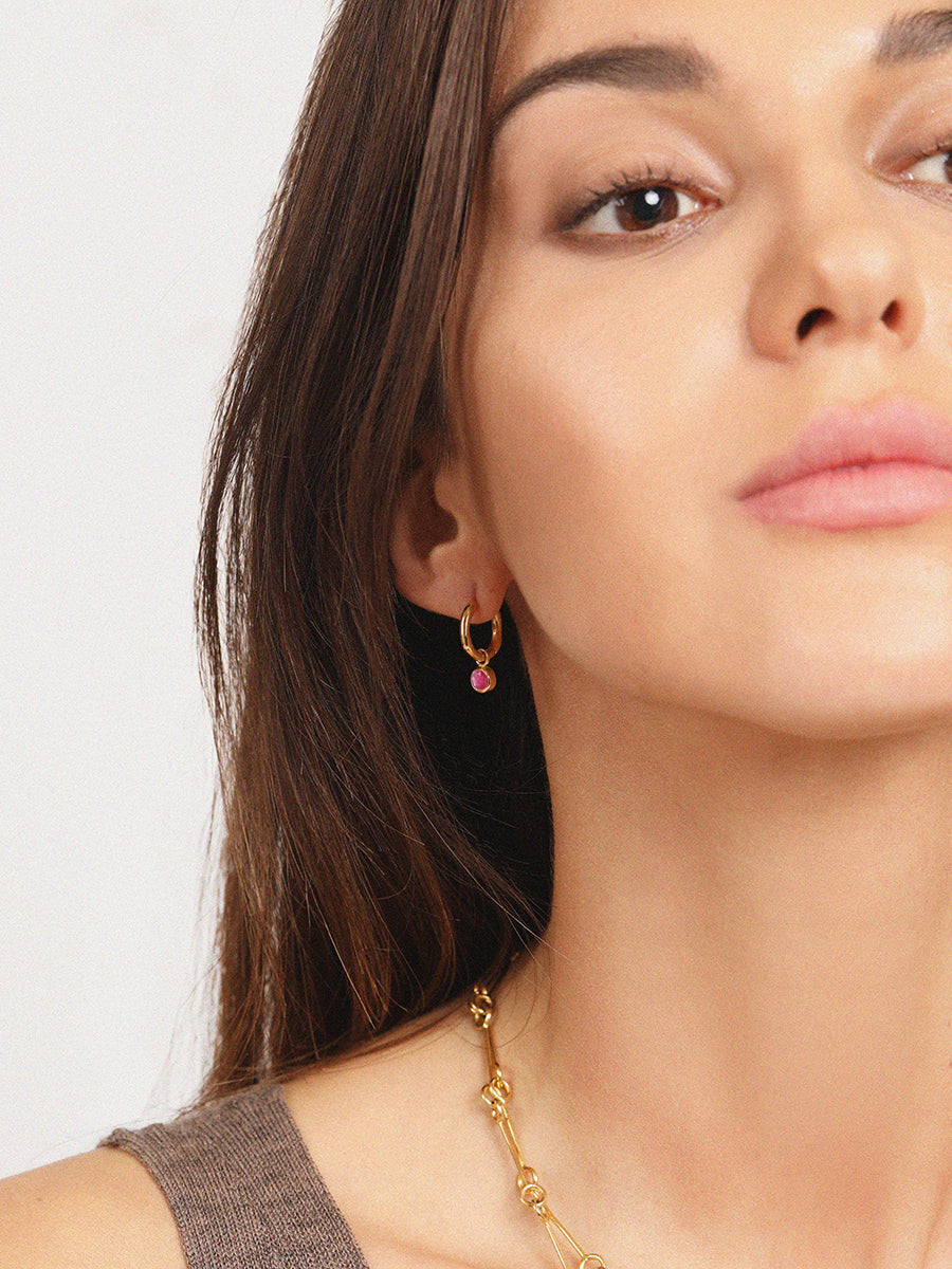 Gold Birthstone Huggies July - Ruby Quartz
