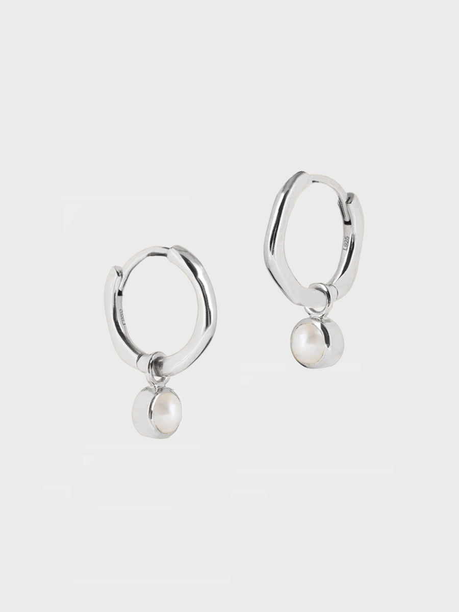 Sterling Silver Birthstone Huggies June - Pearl