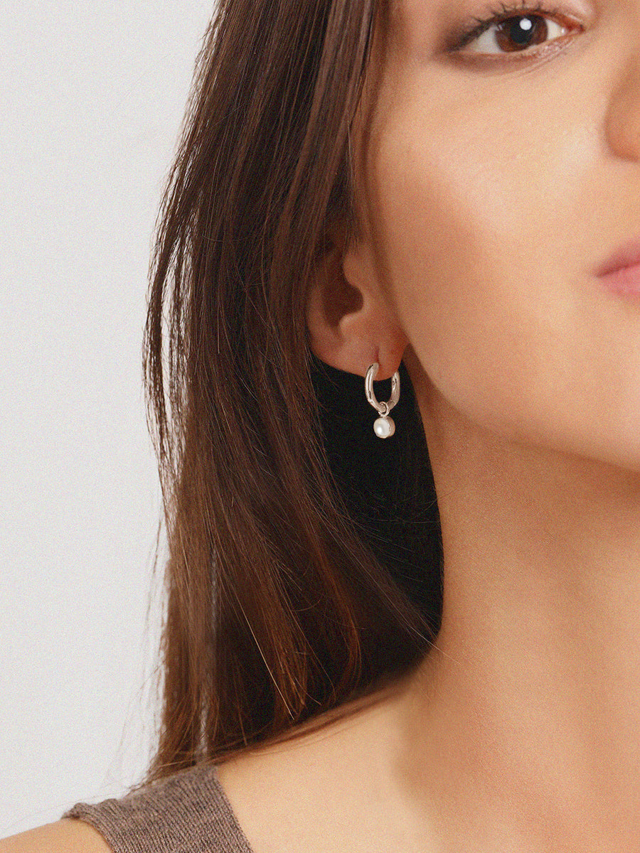 Sterling Silver Birthstone Huggies June - Pearl
