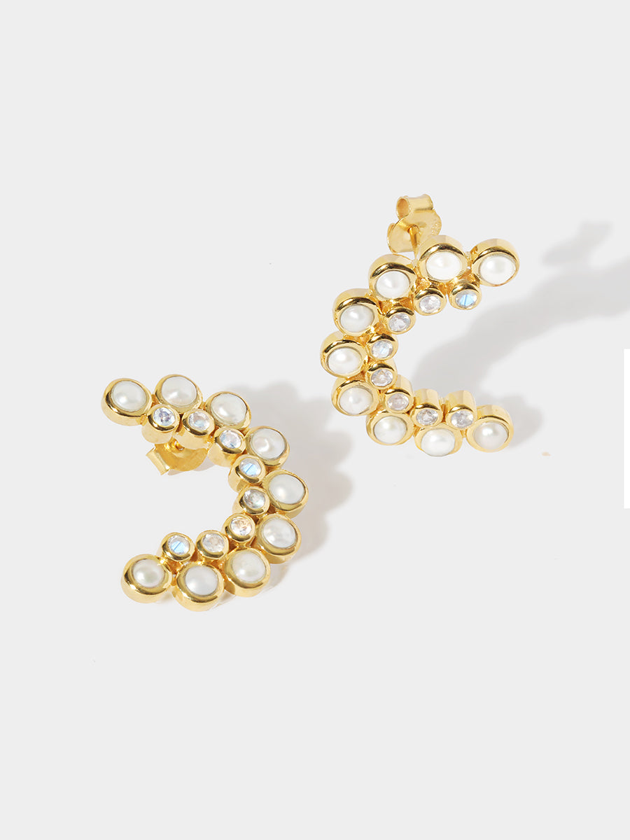 Gold Pearl & Moonstone Orbit Earrings