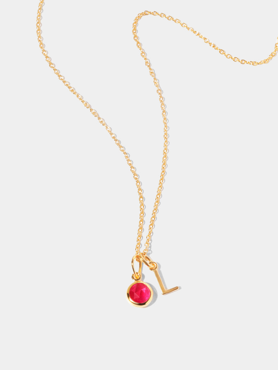 July 18k Gold Vermeil Initial & Birthstone Gemstone Charm Necklace Ruby Quartz