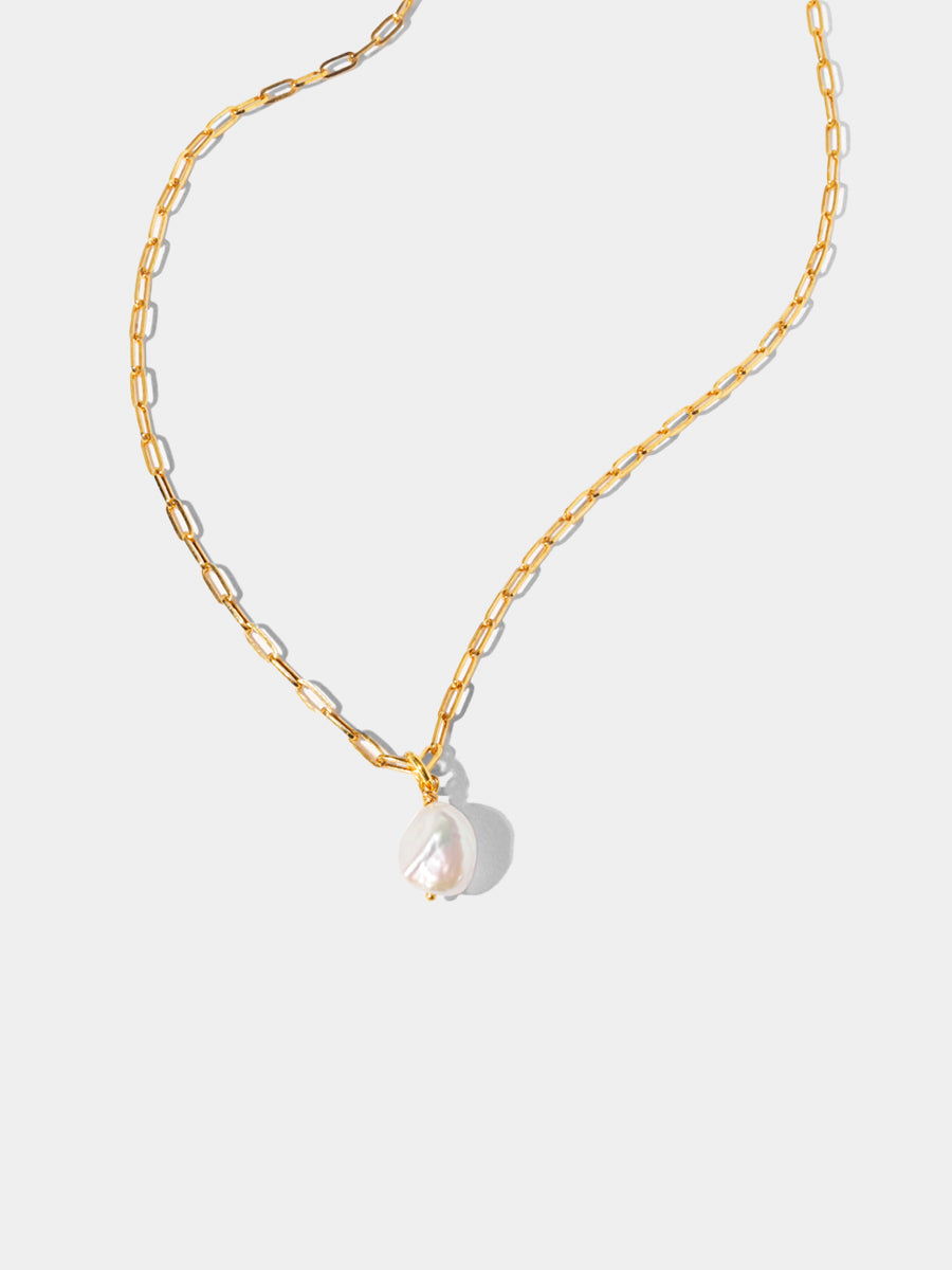 18k Gold Vermeil Paperclip Link Chain Necklace with Baroque Pearl Pendant
