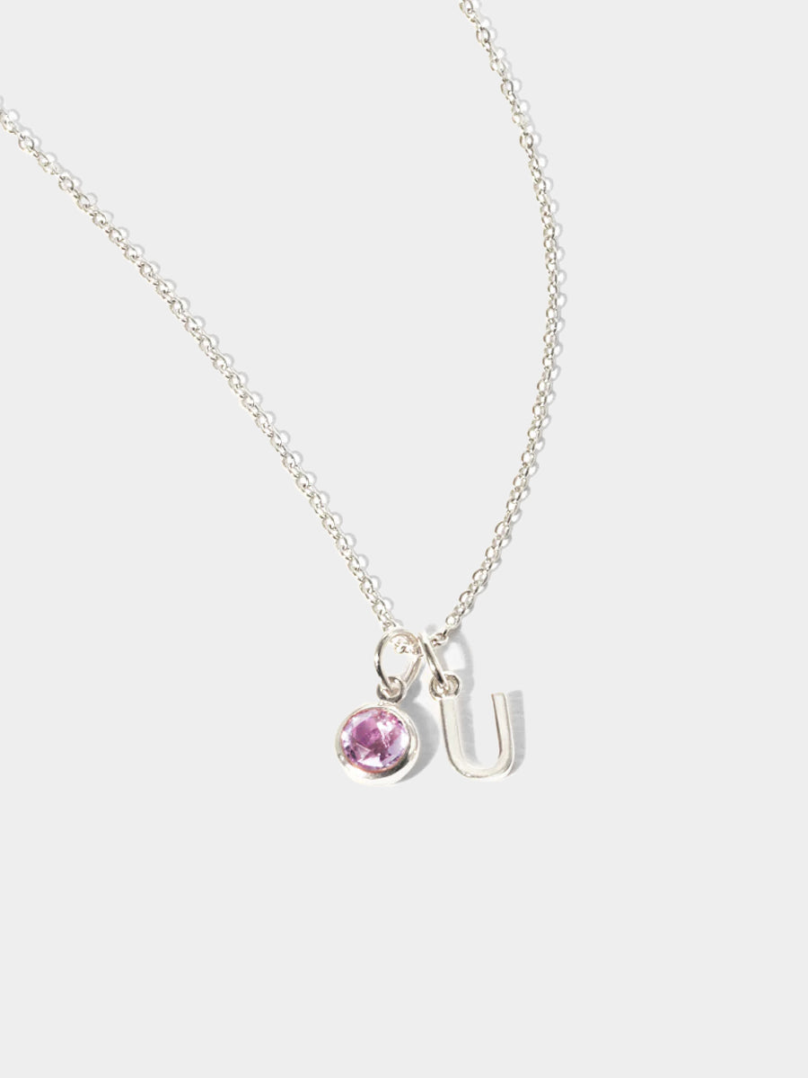 February Sterling Silver Initial & Birthstone Gemstone Charm Necklace Brazilian Amethyst