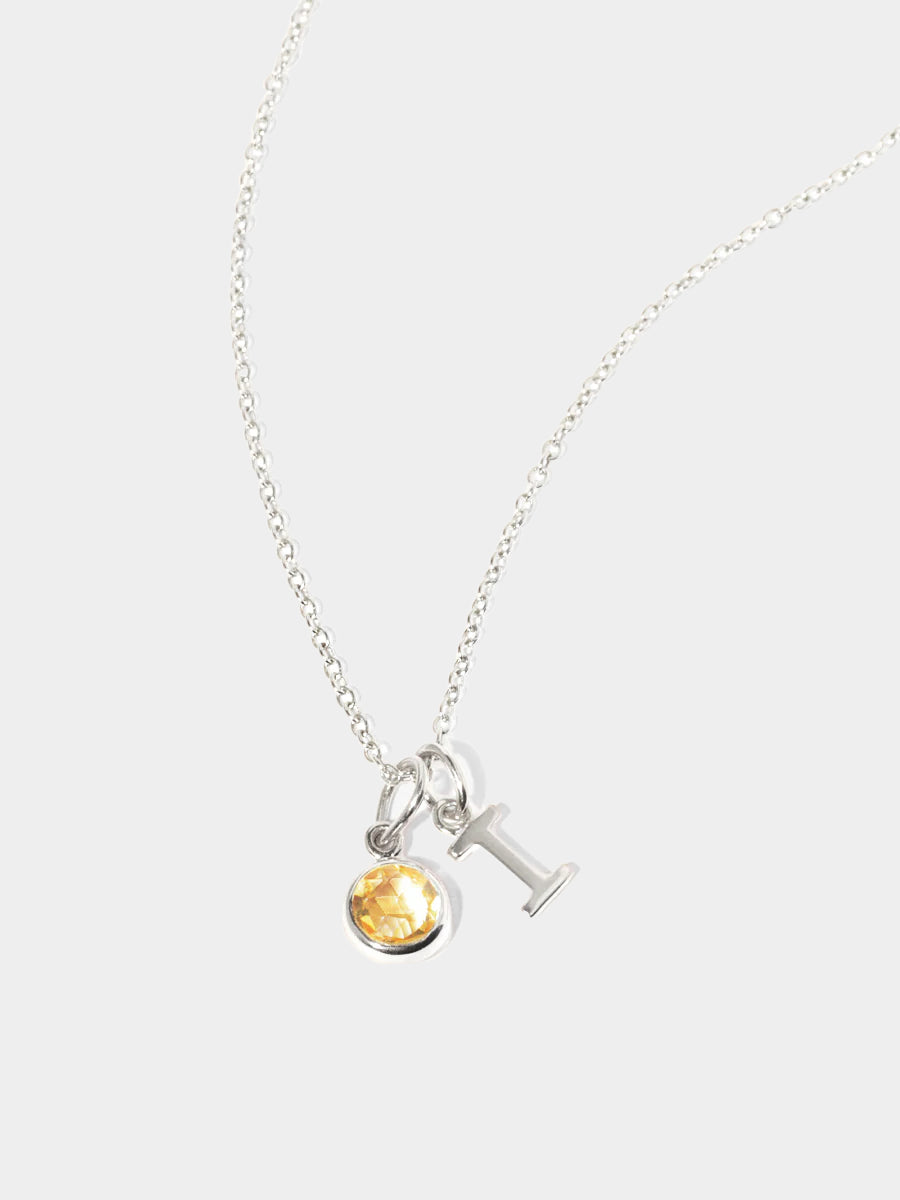 November Sterling Silver Initial & Birthstone Gemstone Charm Necklace Citrine