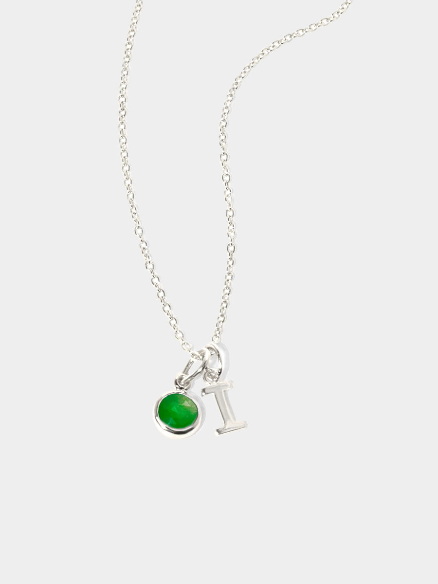May Sterling Silver Initial & Birthstone Gemstone Charm Necklace Emerald Quartz