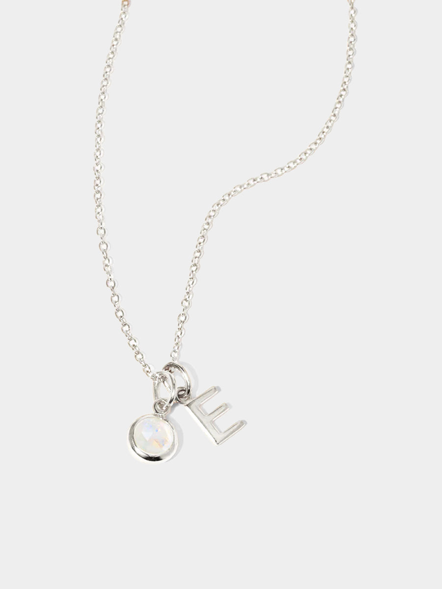 October Sterling Silver Initial & Birthstone Gemstone Charm Necklace Moonstone