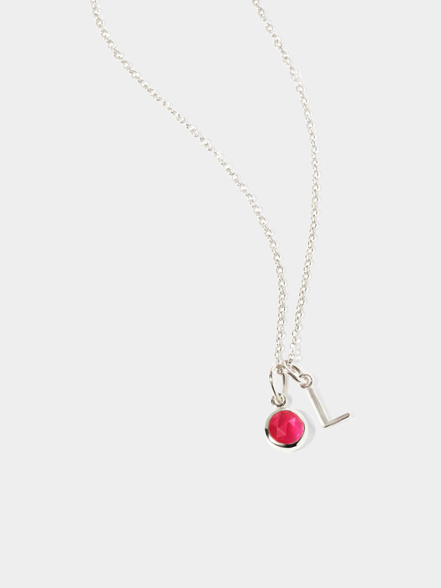 July Sterling Silver Initial & Birthstone Gemstone Charm Necklace Ruby Quartz