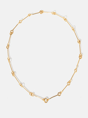 A gold 18 inch link chain necklace connected using the clicker connector