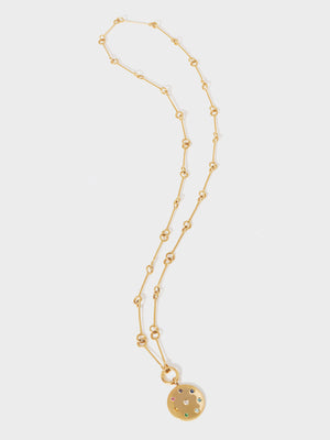 A long gold 26 inch link chain with a gold multi gemstone pendant with 8 different coloured stones set in a circle and one centrally