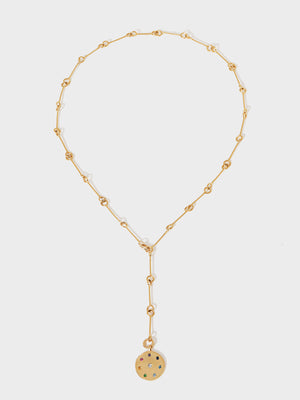 A long gold 26 inch lariat link chain with a gold multi gemstone pendant with 8 different coloured stones set in a circle and one centrally