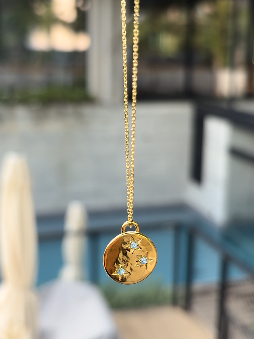 Gold Blue Topaz March Birthstone Star set Charm Necklace