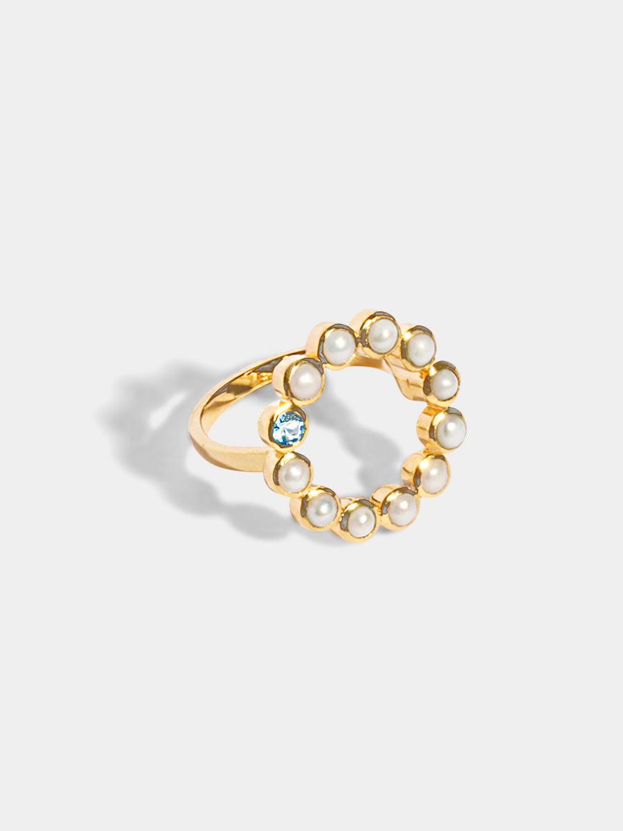 18k Gold Vermeil Halo Pearl & Blue Topaz Gemstone Ring