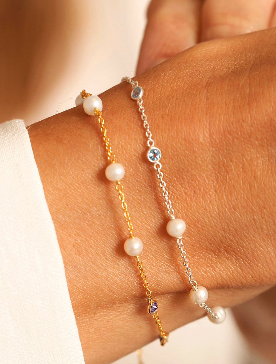 Sterling Silver Pearl & Blue Topaz Gemstone Bracelet
