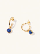 A pair of 15mm diameter gold hoop earrings each with an 8mm lapsi lazuli gemstone drop and butterfly fastening. Set on a cream background with gentle shadowing.