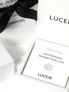 Luceir white packaging card set in a box saying Crystal, April Birthstone, Strength, Purity, Love followed by a silver grey hexagon symbol underneath with Luceir logo at the bottom