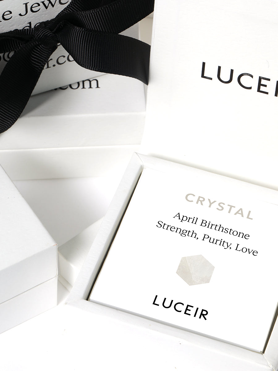 Luceir white packaging card set in a box saying Crystal, April Birthstone, Strength, Purity, Love followed by a silver grey hexagon symbol underneath with Luceir logo at the bottom