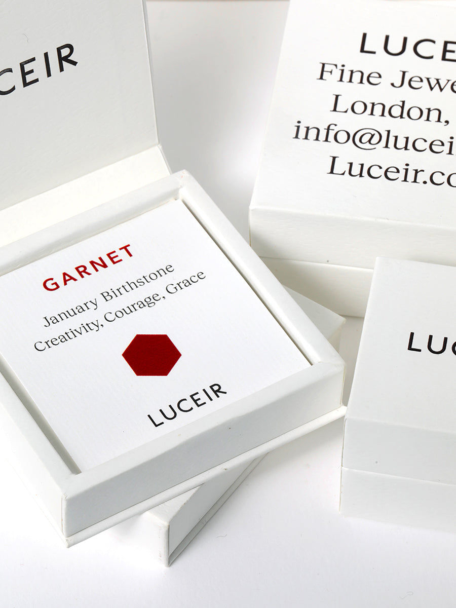 Luceir white packaging card set in a box saying Garnet, January Birthtone, Creativity, Courage, Grace followed by a dark red hexagon symbol underneath with Luceir logo at the bottom